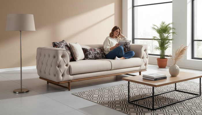 Piekalva Chesterfield trīsvietīgs dīvāns gleznots beige krāsā. Luxuriözi 3-vietīgas dīvāna ar greznu apdari.