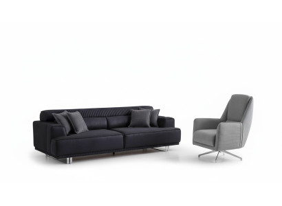 Sofas komplekts ar trīs vietas dīvānu un krēslu. Dizainera mēbelēs dzīvojamā istabas dīvāns.