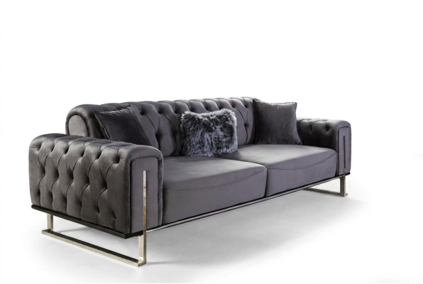 Luxus Chesterfield sofa 3 sēdvietas Pelēks dīvāns Apdare Tekstils Dīvāns