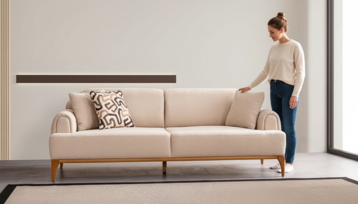 Moderns 3-vietīgs dīvāns dzīvojamā istabā Bežs xxl 220cm Luksusa mēbeles Dīvāni Kanapes