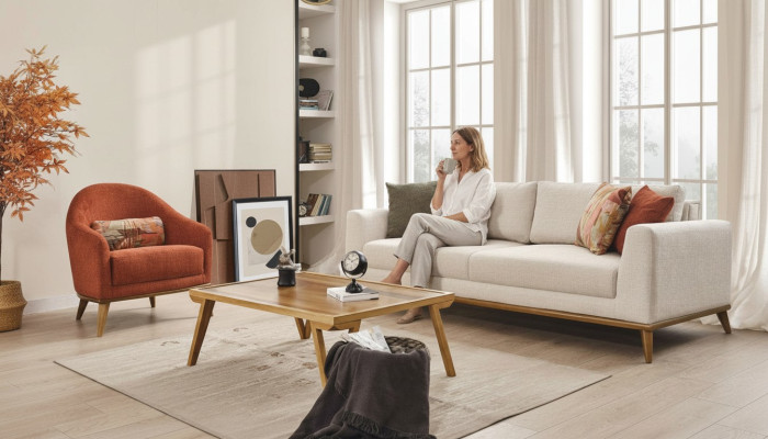 Sofas komplekta 3 + 1 sēdvietu dizaina mēbelēs 2 gabalos gaiši beige krāsā, auduma dīvāns