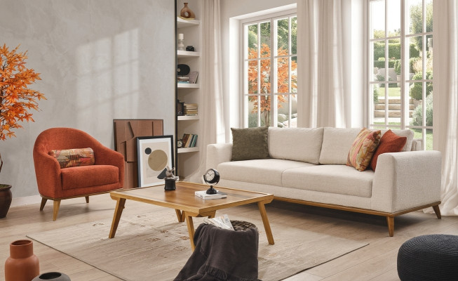 Sofas komplekta 3 + 1 sēdvietu dizaina mēbelēs 2 gabalos gaiši beige krāsā, auduma dīvāns