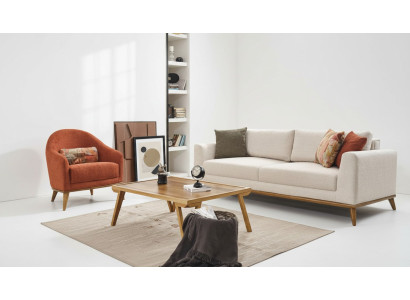 Sofas komplekta 3 + 1 sēdvietu dizaina mēbelēs 2 gabalos gaiši beige krāsā, auduma dīvāns