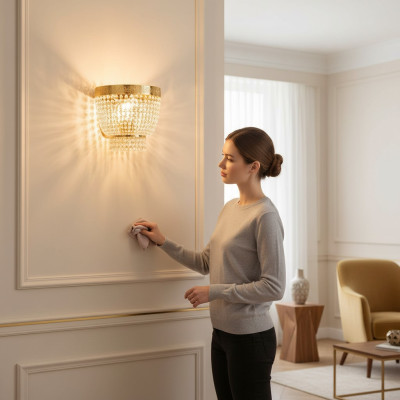 Mūsdienīga griestu lampa no vara lampām, zelta kristāli.