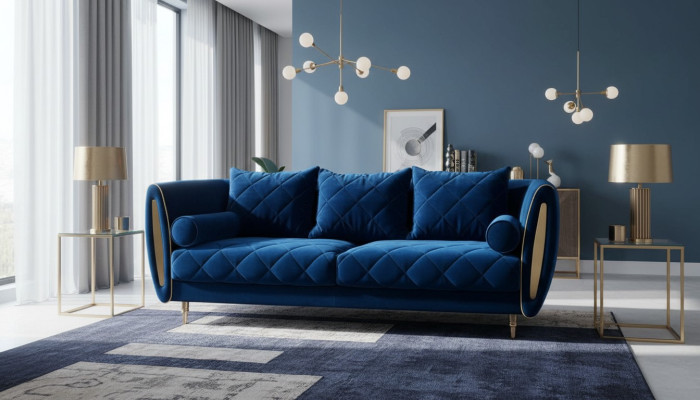 Dizains Zils 3-vietīgs atpūtas dīvāns Dīvāns Tekstils Polster Couch Auduma dīvāns