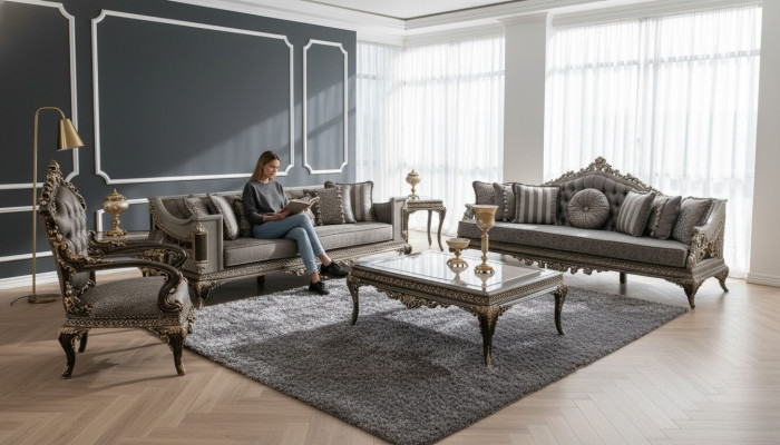 Klasisks pelēks "Chesterfield" dīvāngarnitūras komplekts 3+3+1 vietas ar galdu 4 gab.