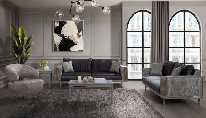 Pelēka dzīvojamo istabu komplekts, dizainera sofa, luksusa galds un blīvdēlis.