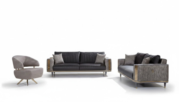 Pelēka dzīvojamo istabu komplekts, dizainera sofa, luksusa galds un blīvdēlis.