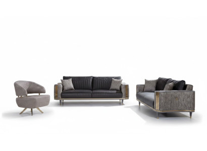 Pelēka dzīvojamo istabu komplekts, dizainera sofa, luksusa galds un blīvdēlis.