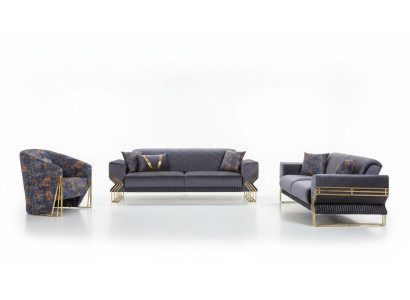 Luksusa pelēka Chesterfield mīksta mēbeļu komplekts dzīvojamā istabā ar 3 vietām un auduma krēslu.