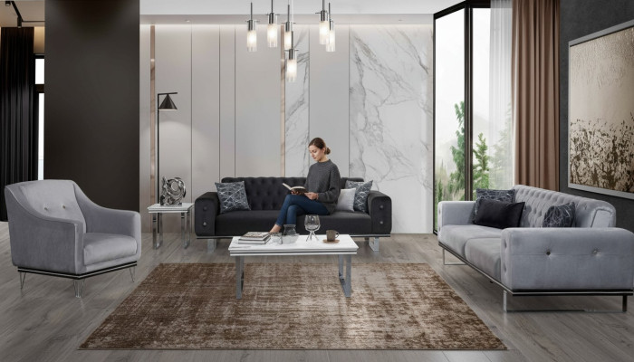 Melns-pelēks Chesterfield dīvānu komplekts moderniem dīvāniem blakusgalda