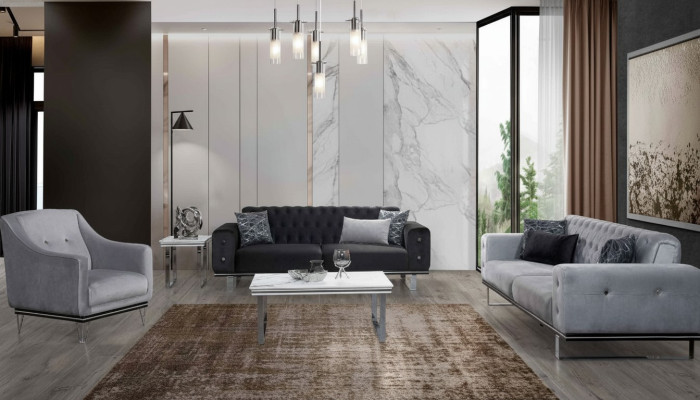 Melns-pelēks Chesterfield dīvānu komplekts moderniem dīvāniem blakusgalda