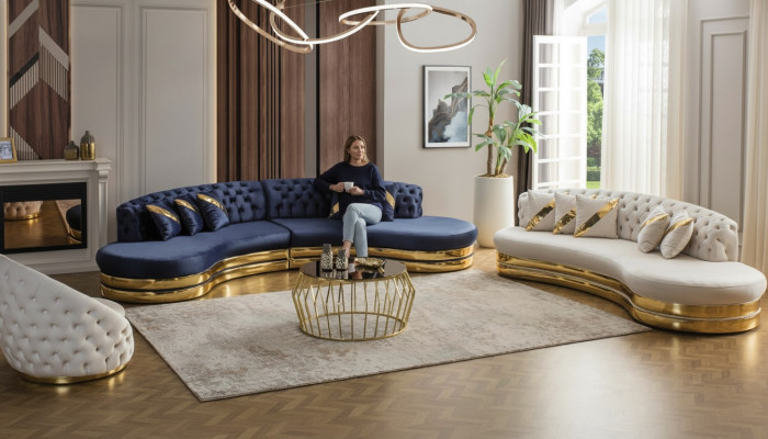 Dizainera Chesterfield dīvāns Pusapaļa nerūsējošā tērauda dīvāni 4+3 sēdvietu 3 dīgāju
