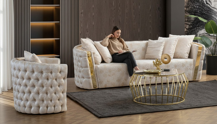 Chesterfield beige dzīvojamā istaba dīvāni ar nerūsējošā tērauda 3-vietīgais luksusa 1-vietīgais.