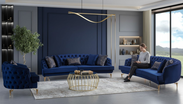 Moderns zila Chesterfield dīvānu komplekts ar 4 vietām un krēslu