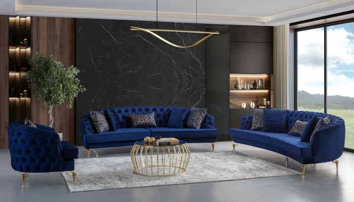 Moderns zila Chesterfield dīvānu komplekts ar 4 vietām un krēslu