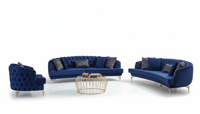 Moderns zila Chesterfield dīvānu komplekts ar 4 vietām un krēslu