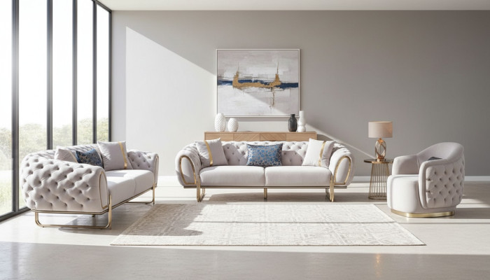 Chesterfield Balts Sofa Komplekts Elegantais 3-vietīgais ekskluzīvais krēsls 2 daļās Jauns