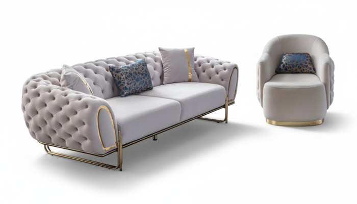 Chesterfield Balts Sofa Komplekts Elegantais 3-vietīgais ekskluzīvais krēsls 2 daļās Jauns