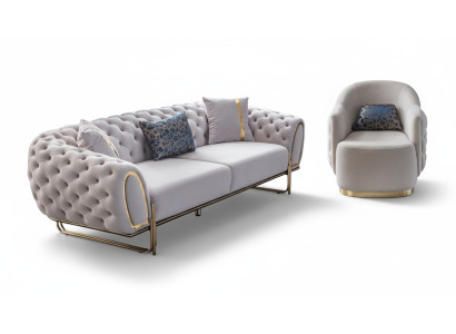 Chesterfield Balts Sofa Komplekts Elegantais 3-vietīgais ekskluzīvais krēsls 2 daļās Jauns