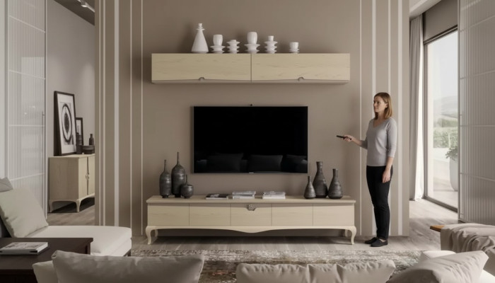 TV statīvs Sienu plaukti Koka galds Sienas plaukts Bežs Klasiskais dizains Jauns