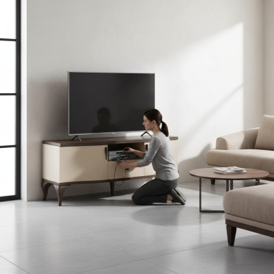 TV stends dzīvojamā istaba bēša mēbele koksnes skapī moderns stils