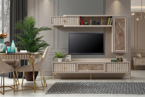 Dizainera modernā dzīvojamā siena luksusa koka plaukti dzīvojamā istabas mēbeles eleganti.