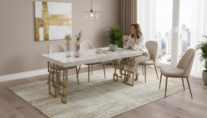 Dizainera baltā ēdamistabas mēbeļu komplekts ar elegantiem marmora galdiem. Moderndezains.