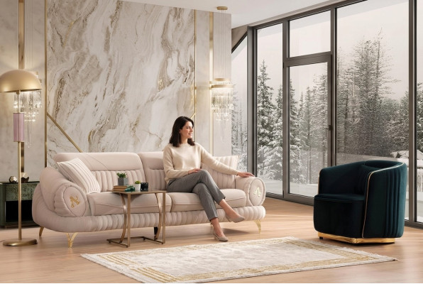 Ganu 3 sēdvietu ar krēslu baltā eleganta modernā luksusa dizaina mēbeles