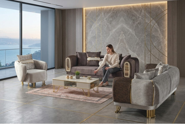 Sofas komplekts 3+3+1 sēdvietu dzīvojamā istaba Komplekts Tekstils Dīvāns Krēsls Koks