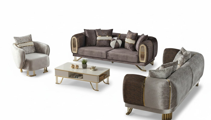 Sofas komplekts 3+3+1 sēdvietu dzīvojamā istaba Komplekts Tekstils Dīvāns Krēsls Koks