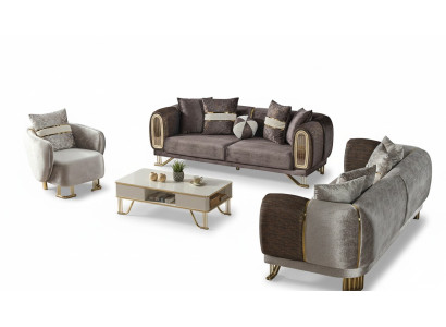 Sofas komplekts 3+3+1 sēdvietu dzīvojamā istaba Komplekts Tekstils Dīvāns Krēsls Koks