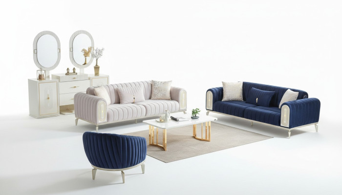 Sofa komplektā ar trīs divvietīgajiem dīvāniem un vienu krēslu dzīvojamā istabā Pilnīga tekstila dīvānu komplektācija ziliem koka-paneļiem.
