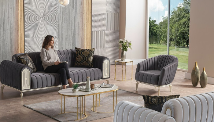 Elegants mēbeļu dīvāngarnitūras komplekts 3+1 dīvānu galds dīvāngarniturai dīvāni krēsli pelēki