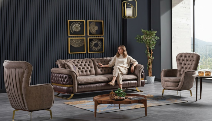 Dizainera 3+3+1 sēdvietu dīvāngarnitūra Chesterfield modelis