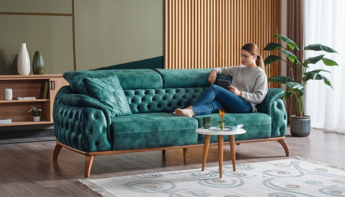 Luksusa Chesterfield 3 personas dizainera dīvāns ar auduma apdari, jauna.