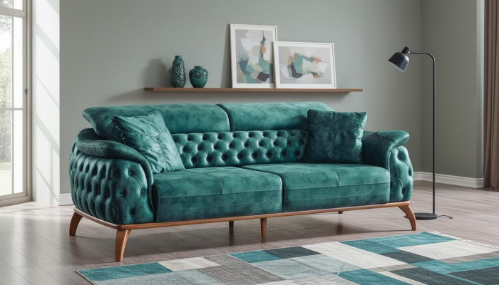 Luksusa Chesterfield 3 personas dizainera dīvāns ar auduma apdari, jauna.