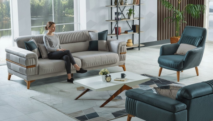 Sofas komplekts 3+1 personas Vietām Tekstils Koks Moderns 3 personas galds Krēsls Komplektā Jauns