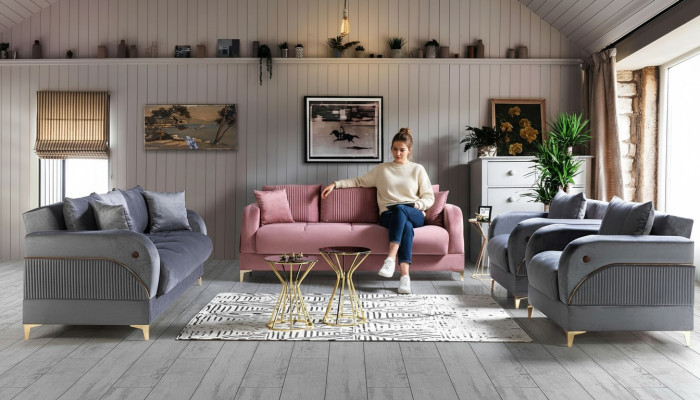 Sofa komplekts 3+3+1+1 sēdekļi Moderns tekstils komplekts 3-vietīgs dīvāns ar atpūtas krēslu un 3-vietīgs lux dīvāns.