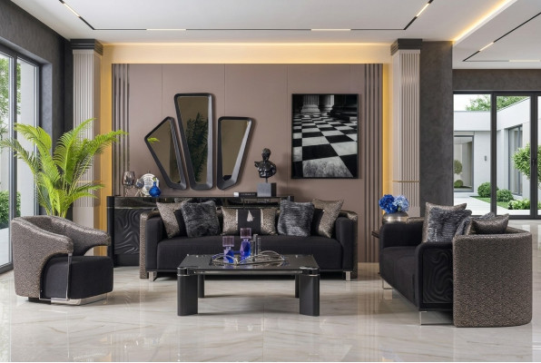 Sofas komplektā ar 3+3+1 sēdvietu dzīvojamā istabā komplektā ar tekstila dīvānu, krēslu un koka elementiem, jauns.