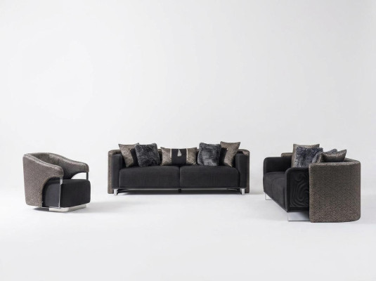 Sofas komplektā ar 3+3+1 sēdvietu dzīvojamā istabā komplektā ar tekstila dīvānu, krēslu un koka elementiem, jauns.