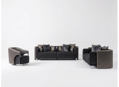 Sofas komplektā ar 3+3+1 sēdvietu dzīvojamā istabā komplektā ar tekstila dīvānu, krēslu un koka elementiem, jauns.