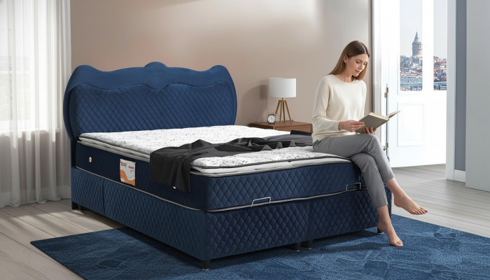 Gultas dizains Gultas Izcilnība Zila auduma Miegamistabas mēbeles Greznas Modernā Boxspring