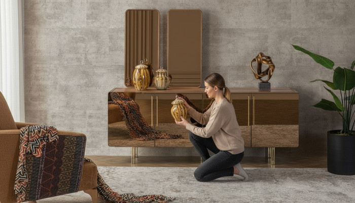Sideboard ar 2x spoguli luksusa komplekts ar kumodzi koka komoda moderns