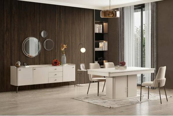 Mūsdienu koka ēdamgalda komplekts ar 4 elegantiem auduma krēsliem un bufeti 6 gabali