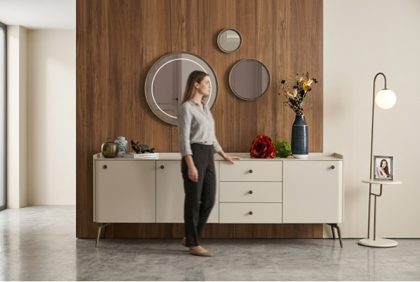 Luksusa balts dizainera ēdamistabas bufete, elegants bufete