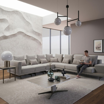 Dizainera dīvāns Dīvānu stūra sofa L-formas auduma polsteris garnitūra dzīvojamais istabas galdiņš