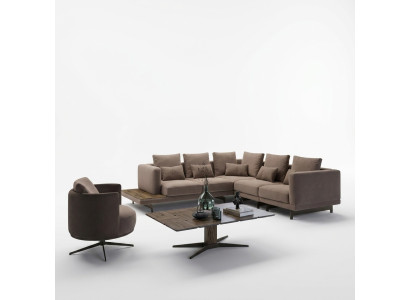 Dizainera komplekts dzīvojamajai istabai ar stūra dīvānu, galds-galdojums.
