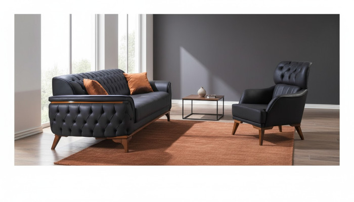 Melns Chesterfield dizainera komplekts luksusa ādas dīvāns dizainera krēsls