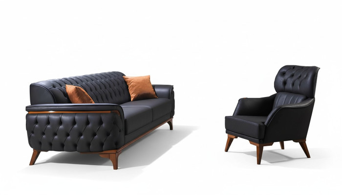 Melns Chesterfield dizainera komplekts luksusa ādas dīvāns dizainera krēsls
